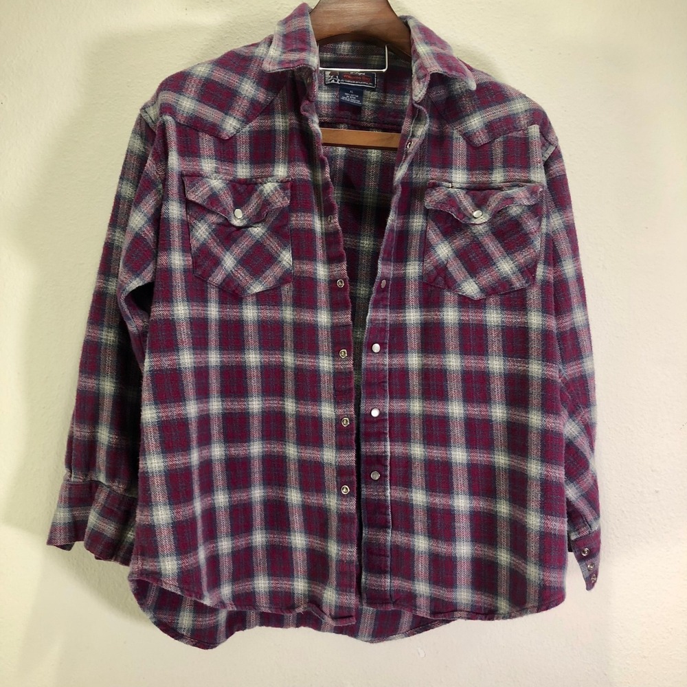 Vintage Williams Bay Mens XL Flannel Western Pearl Snap‎ Plaid Shirt Burgundy